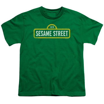 Kelly green youth t-shirt for ages 8 to 12 with Sesame Street Rough Logo graphic