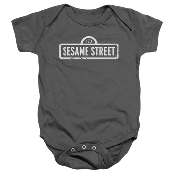 Charcoal baby bodysuit with Sesame Street One Color Logo graphic