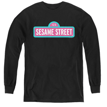Black youth long sleeve t-shirt with Sesame Street Alt Logo graphic