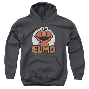 Charcoal youth hoodie for ages 8 to 12 with Sesame Street Elmo Name graphic