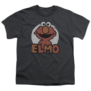 Charcoal youth t-shirt for ages 8 to 12 with Sesame Street Elmo Name graphic