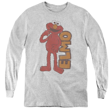 Athletic heather youth long sleeve t-shirt with Sesame Street Vintage Elmo graphic