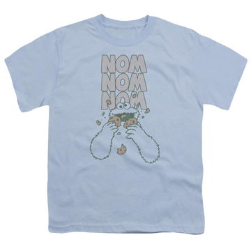 Light blue youth t-shirt for ages 8 to 12 with Sesame Street Nom graphic