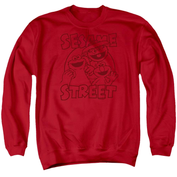 Red men's crewneck sweatshirt with Sesame Street Group Crunch graphic