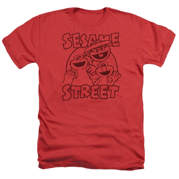 Red men's heather t-shirt with Sesame Street Group Crunch graphic