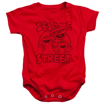 Red baby bodysuit with Sesame Street Group Crunch graphic