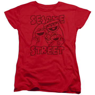 Red women's t-shirt with Sesame Street Group Crunch graphic