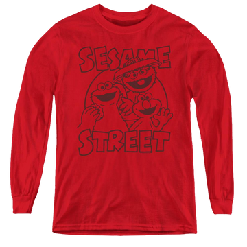 Red youth long sleeve t-shirt with Sesame Street Group Crunch graphic