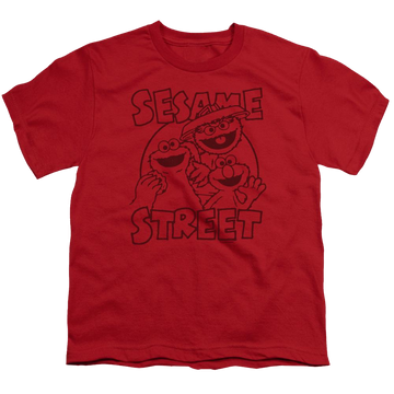 Red youth t-shirt for ages 8 to 12 with Sesame Street Group Crunch graphic