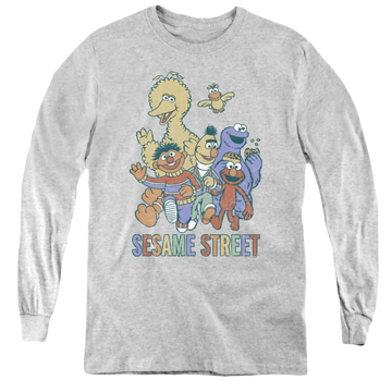 Athletic heather youth long sleeve t-shirt with Sesame Street Colorful Group graphic