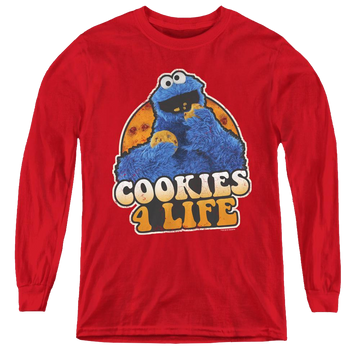 Red youth long sleeve t-shirt with Sesame Street Cookies 4 Life graphic