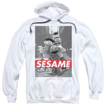 White pullover hoodie with Sesame Street Sesame graphic