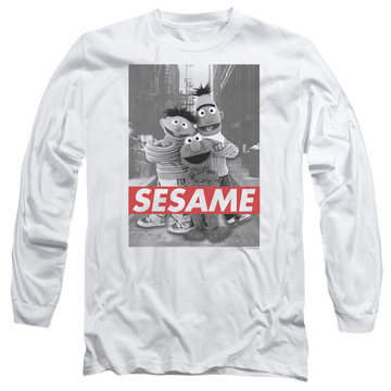 White men's long sleeve t-shirt with Sesame Street Sesame graphic