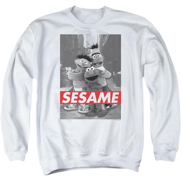White men's crewneck sweatshirt with Sesame Street Sesame graphic