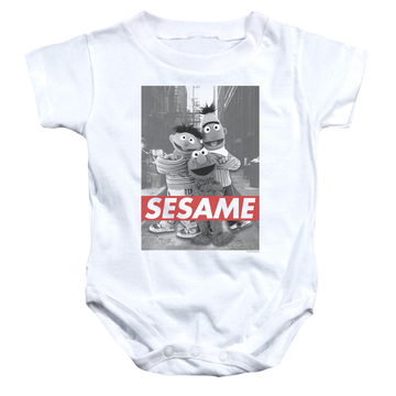 White baby bodysuit with Sesame Street Sesame graphic