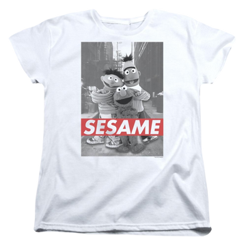 White women's t-shirt with Sesame Street Sesame graphic