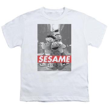 White youth t-shirt for ages 8 to 12 with Sesame Street Sesame graphic