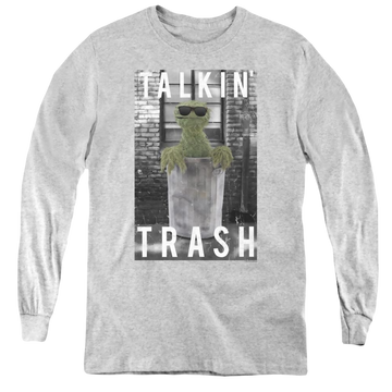 Athletic heather youth long sleeve t-shirt with Sesame Street Talkin Trash graphic