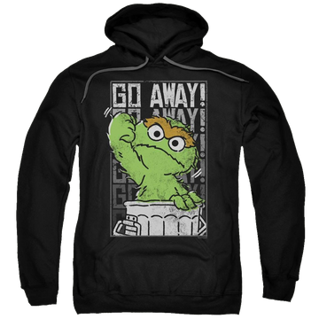 Black pullover hoodie with Sesame Street Go Away graphic