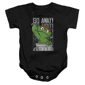 Black baby bodysuit with Sesame Street Go Away graphic