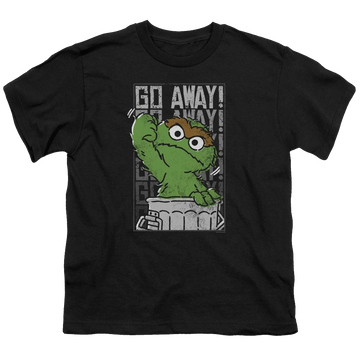 Black youth t-shirt for ages 8 to 12 with Sesame Street Go Away graphic