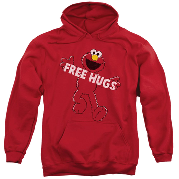 Red pullover hoodie with Sesame Street Free Hugs graphic