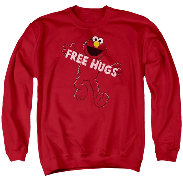 Red men's crewneck sweatshirt with Sesame Street Free Hugs graphic