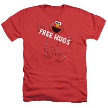 Red men's heather t-shirt with Sesame Street Free Hugs graphic