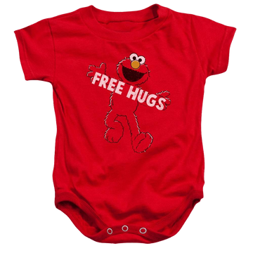Red baby bodysuit with Sesame Street Free Hugs graphic