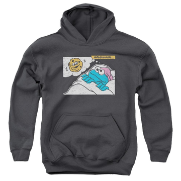 Charcoal youth hoodie for ages 8 to 12 with Sesame Street Meanwhile graphic