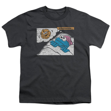 Charcoal youth t-shirt for ages 8 to 12 with Sesame Street Meanwhile graphic