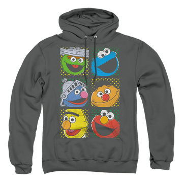Charcoal pullover hoodie with Sesame Street Group Squares graphic