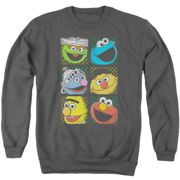 Charcoal men's crewneck sweatshirt with Sesame Street Group Squares graphic