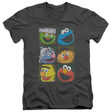 Charcoal men's v-neck t-shirt with Sesame Street Group Squares graphic