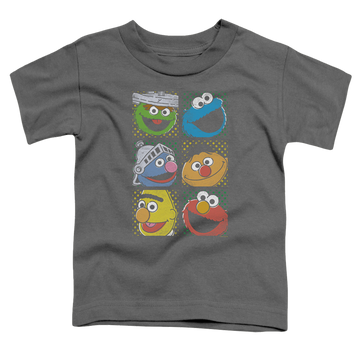 Charcoal kid's t-shirt for ages 4 to 7 with Sesame Street Group Squares graphic