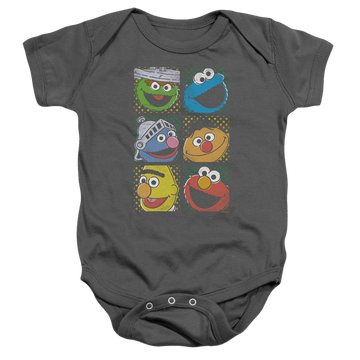 Charcoal baby bodysuit with Sesame Street Group Squares graphic