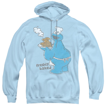 Light blue pullover hoodie with Sesame Street Freshly Baked graphic