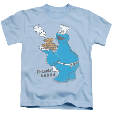 Light blue kid's t-shirt for ages 4 to 7 with Sesame Street Freshly Baked graphic