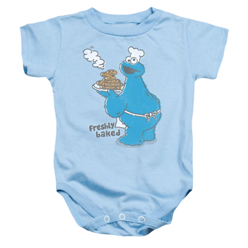 Light blue baby bodysuit with Sesame Street Freshly Baked graphic