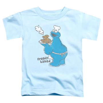 Light blue toddler t-shirt with Sesame Street Freshly Baked graphic