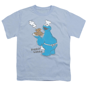 Light blue youth t-shirt for ages 8 to 12 with Sesame Street Freshly Baked graphic