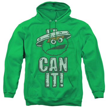 Kelly green pullover hoodie with Sesame Street Can It graphic