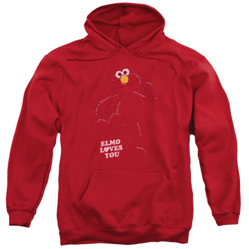 Red pullover hoodie with Sesame Street Elmo Loves You graphic