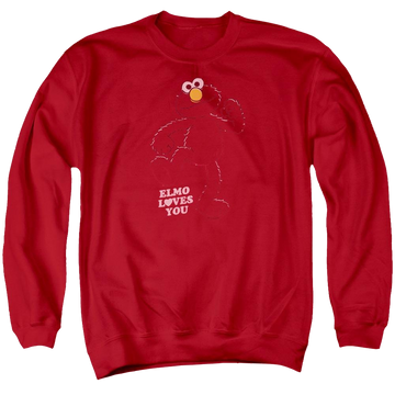 Red men's crewneck sweatshirt with Sesame Street Elmo Loves You graphic