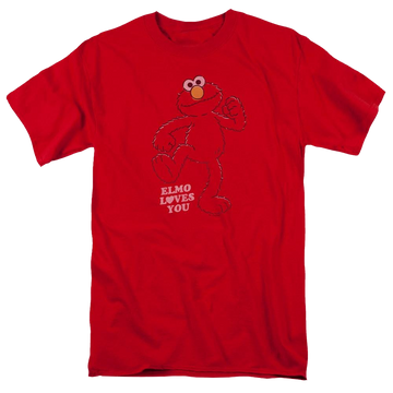 Red men's regular fit t-shirt with Sesame Street Elmo Loves You graphic
