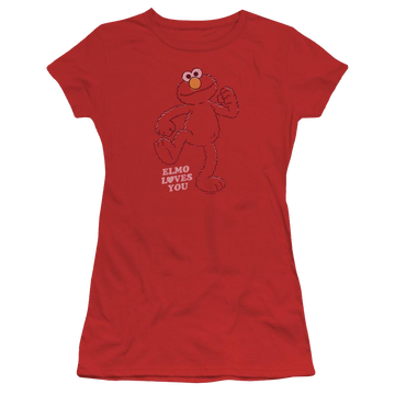 Red juniors t-shirt with Sesame Street Elmo Loves You graphic