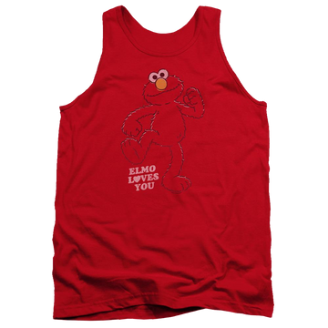 Red men's tank with Sesame Street Elmo Loves You graphic