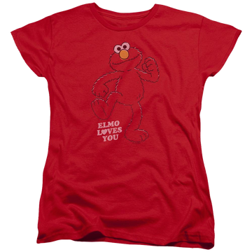 Red women's t-shirt with Sesame Street Elmo Loves You graphic