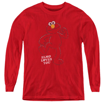 Red youth long sleeve t-shirt with Sesame Street Elmo Loves You graphic