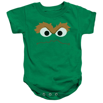 Kelly green baby bodysuit with Sesame Street Oscar Face graphic